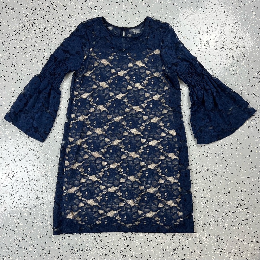 Emma & Michelle Navy Lace Dress with Flared Bell Sleeves